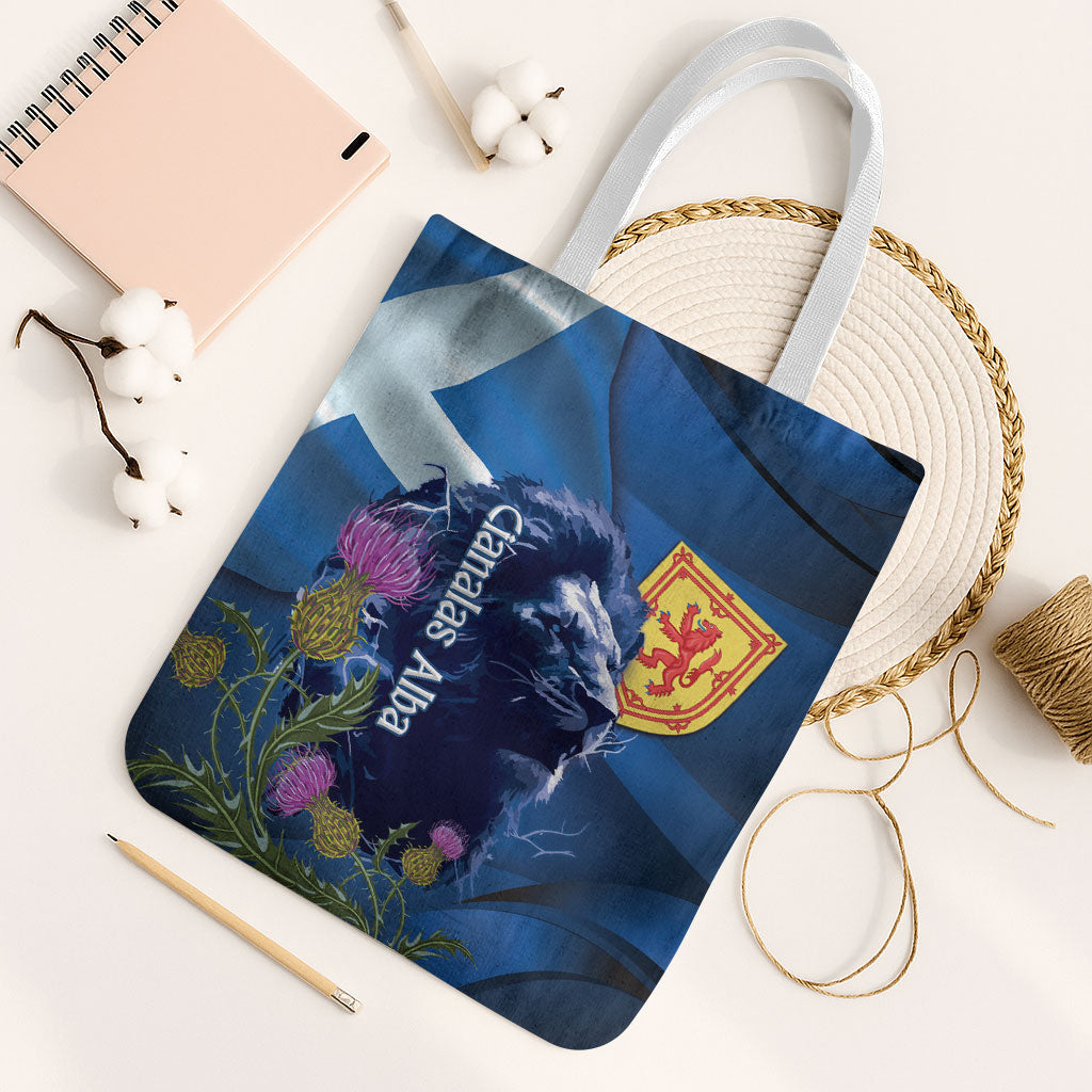 Cianalas Alba Scotland Tote Bag Scottish Lion and Thistle Blue Version