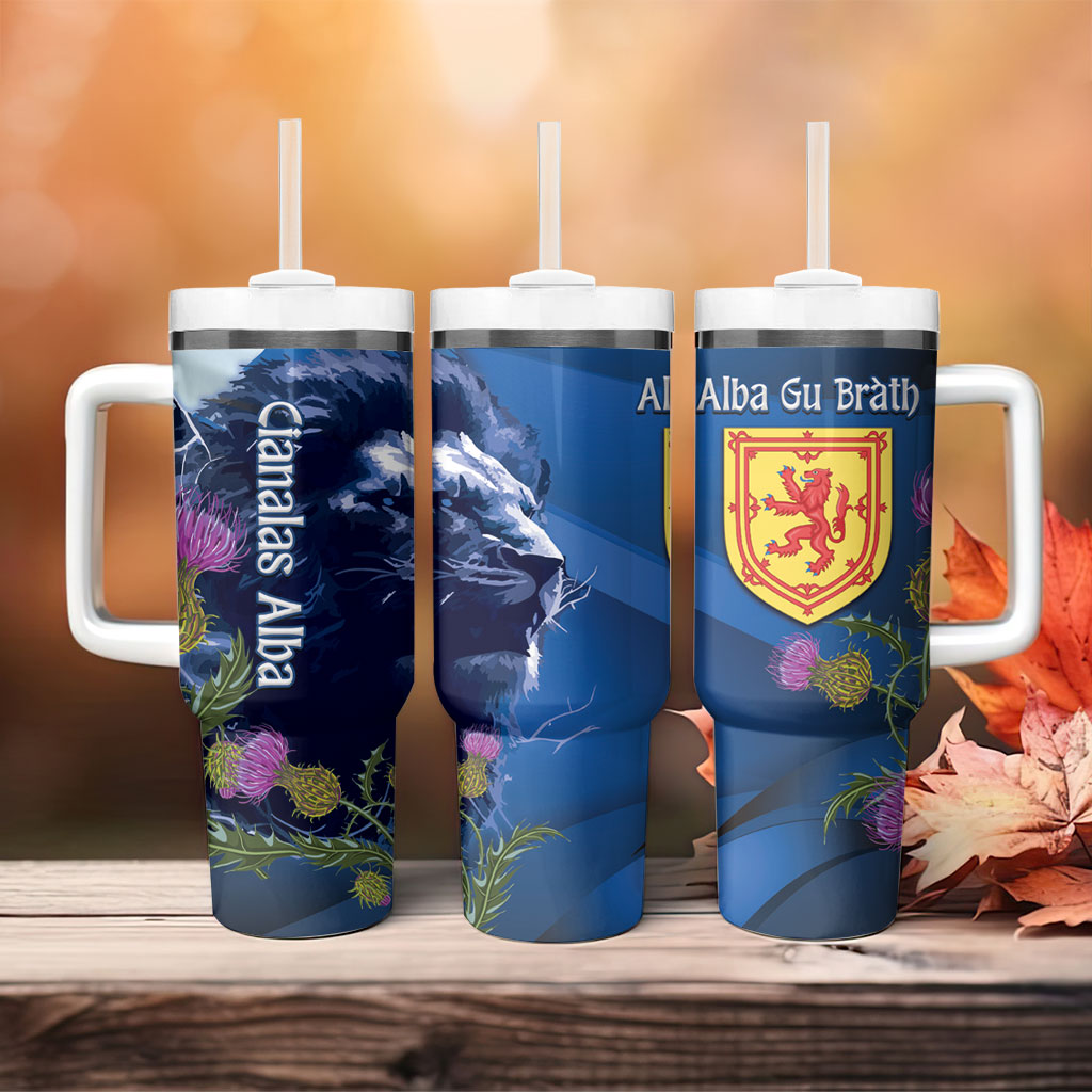 Cianalas Alba Scotland Tumbler With Handle Scottish Lion and Thistle Blue Version