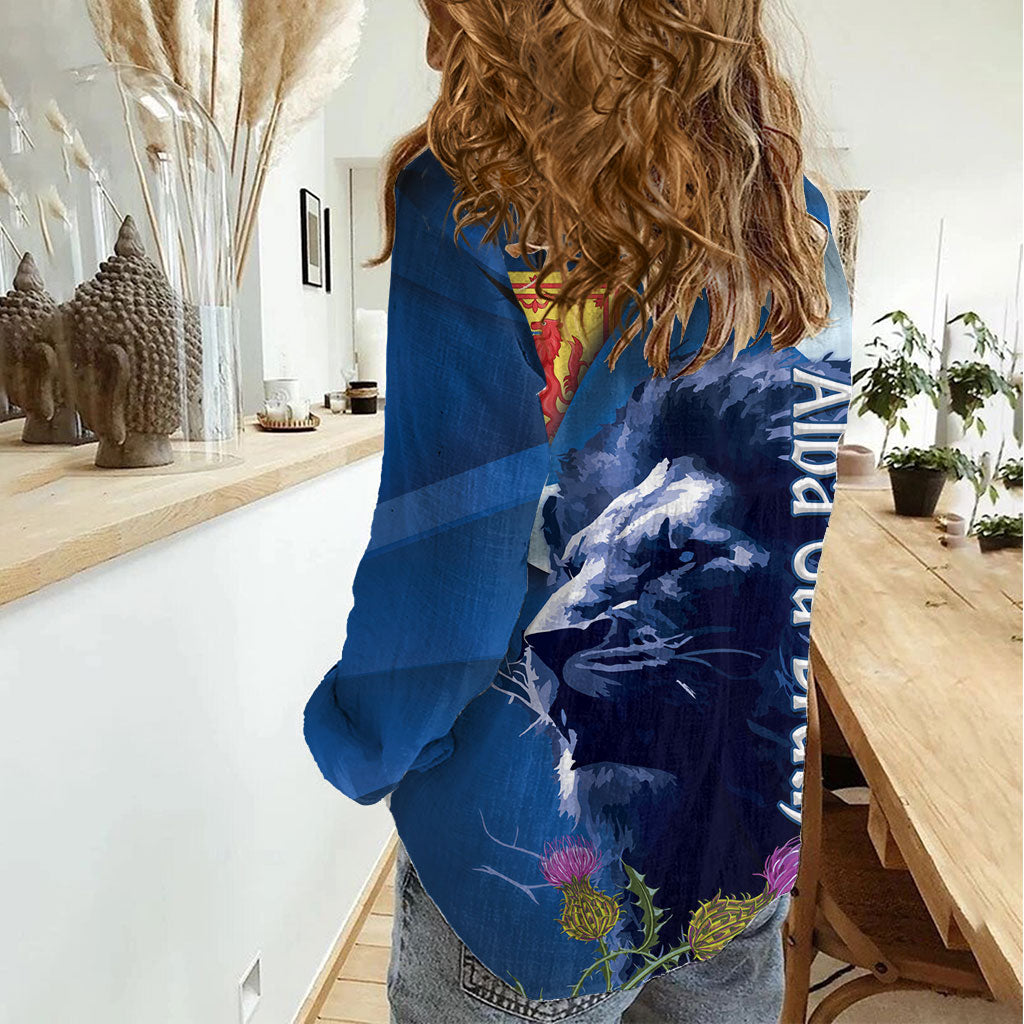 Cianalas Alba Scotland Women Casual Shirt Scottish Lion and Thistle Blue Version