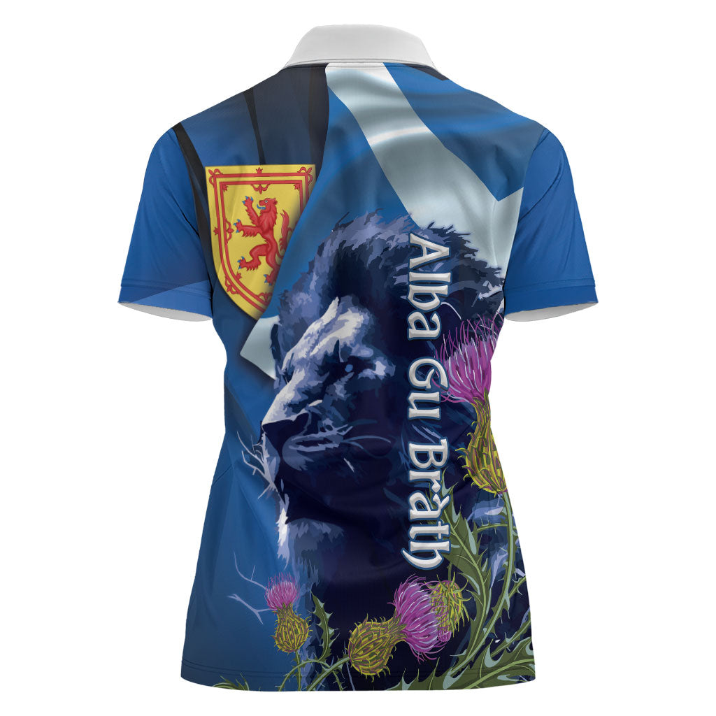 Cianalas Alba Scotland Women Polo Shirt Scottish Lion and Thistle Blue Version