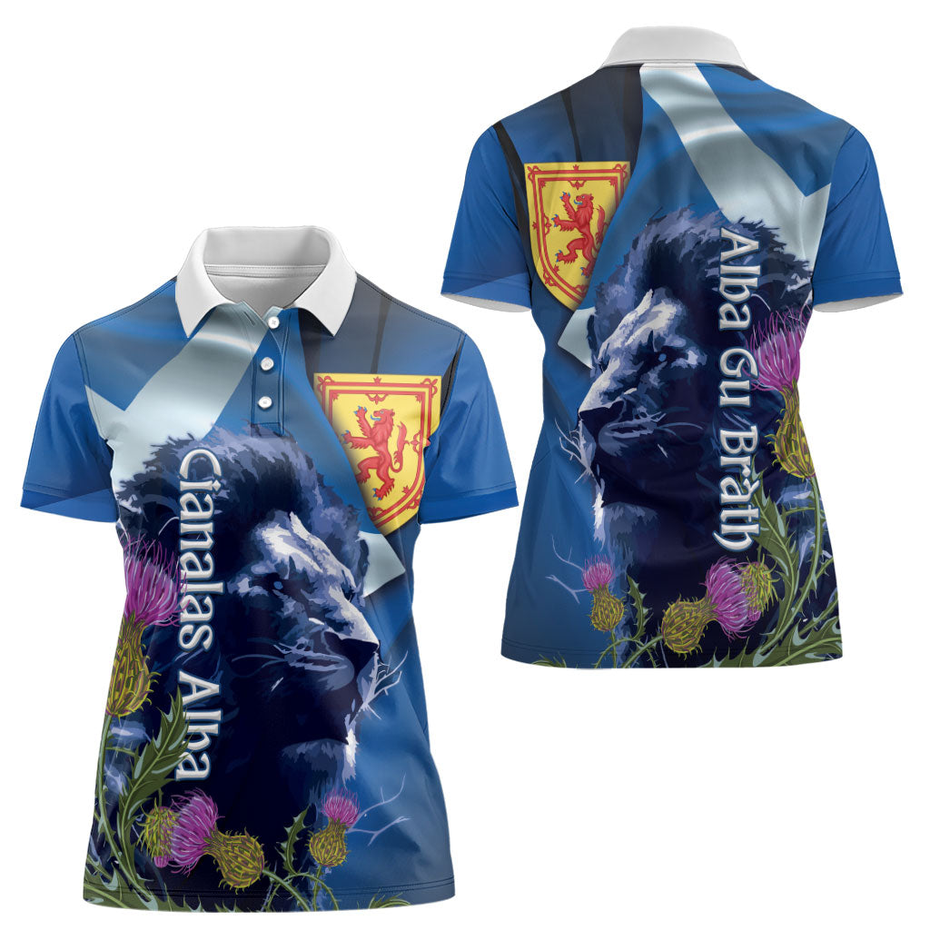 Cianalas Alba Scotland Women Polo Shirt Scottish Lion and Thistle Blue Version
