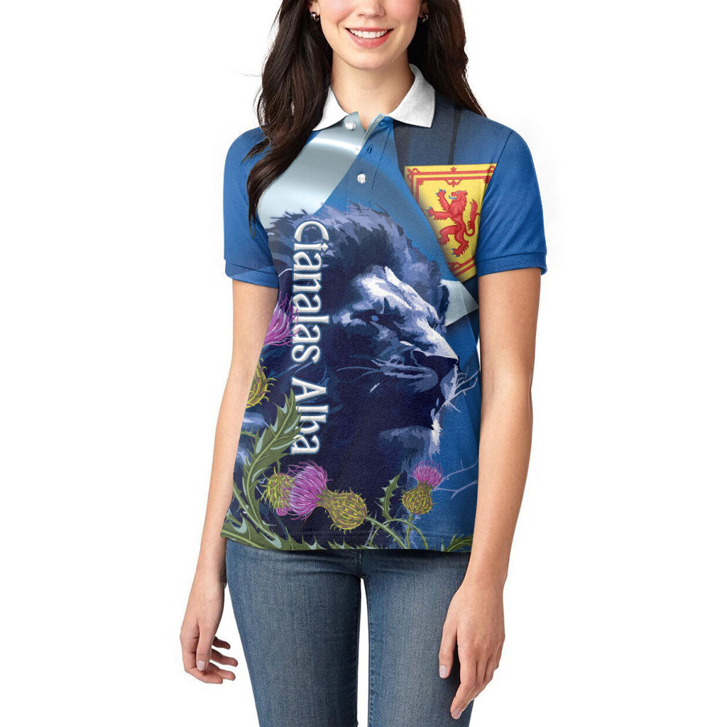 Cianalas Alba Scotland Women Polo Shirt Scottish Lion and Thistle Blue Version