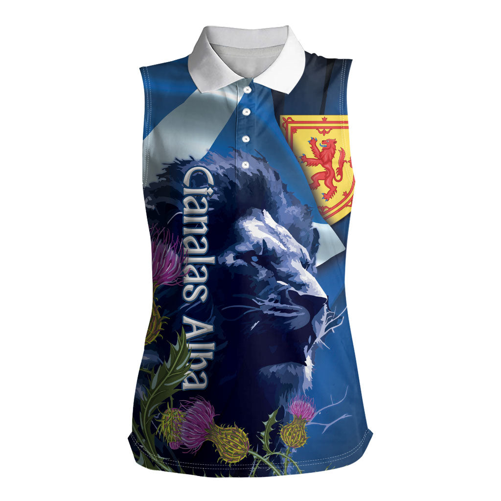 Cianalas Alba Scotland Women Sleeveless Polo Shirt Scottish Lion and Thistle Blue Version