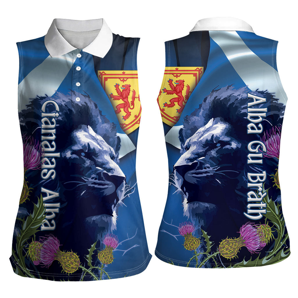 Cianalas Alba Scotland Women Sleeveless Polo Shirt Scottish Lion and Thistle Blue Version
