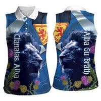 Cianalas Alba Scotland Women Sleeveless Polo Shirt Scottish Lion and Thistle Blue Version