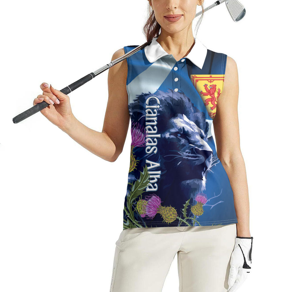 Cianalas Alba Scotland Women Sleeveless Polo Shirt Scottish Lion and Thistle Blue Version