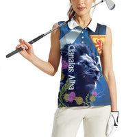Cianalas Alba Scotland Women Sleeveless Polo Shirt Scottish Lion and Thistle Blue Version