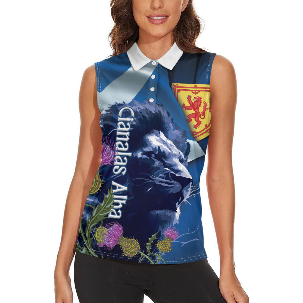 Cianalas Alba Scotland Women Sleeveless Polo Shirt Scottish Lion and Thistle Blue Version