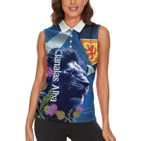 Cianalas Alba Scotland Women Sleeveless Polo Shirt Scottish Lion and Thistle Blue Version