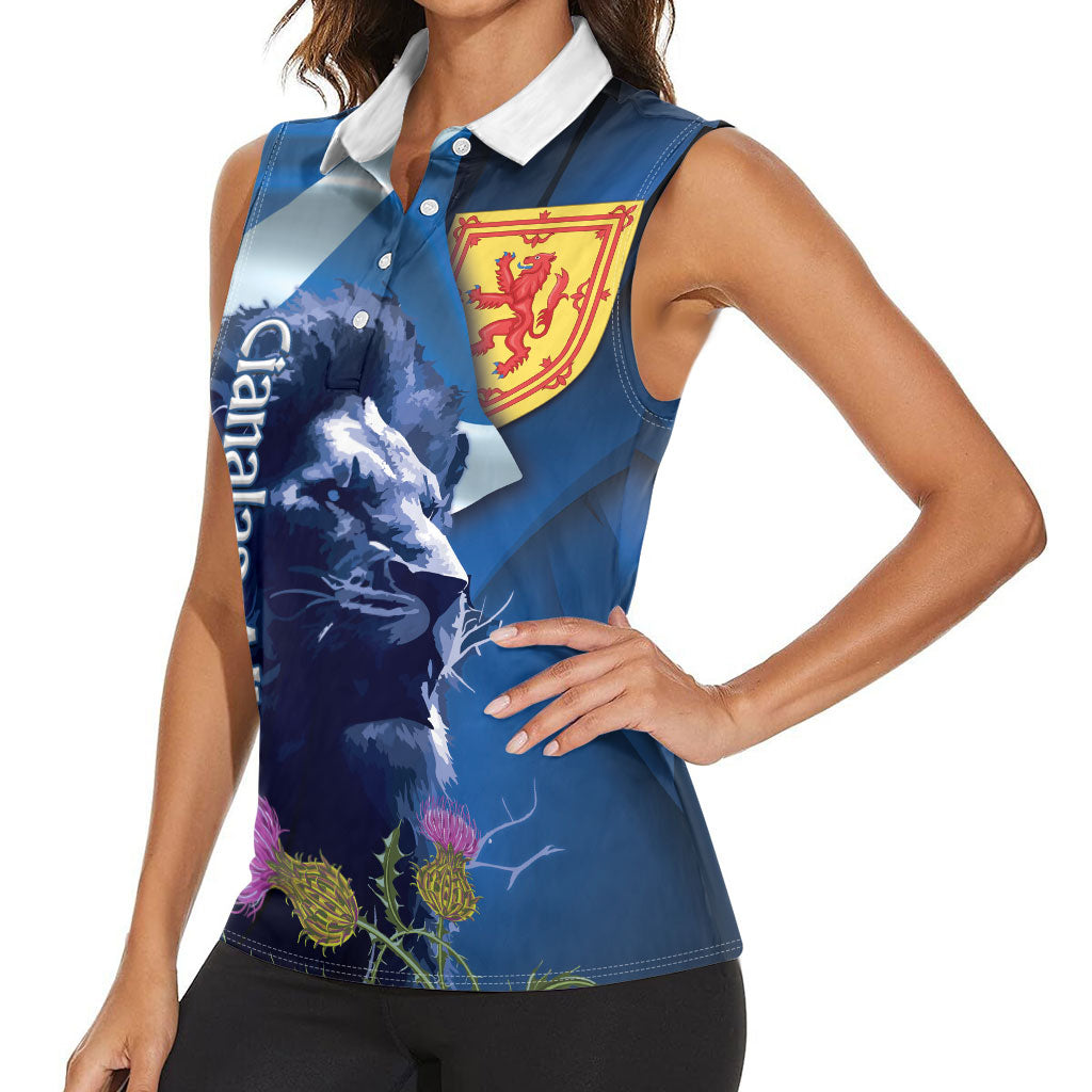 Cianalas Alba Scotland Women Sleeveless Polo Shirt Scottish Lion and Thistle Blue Version
