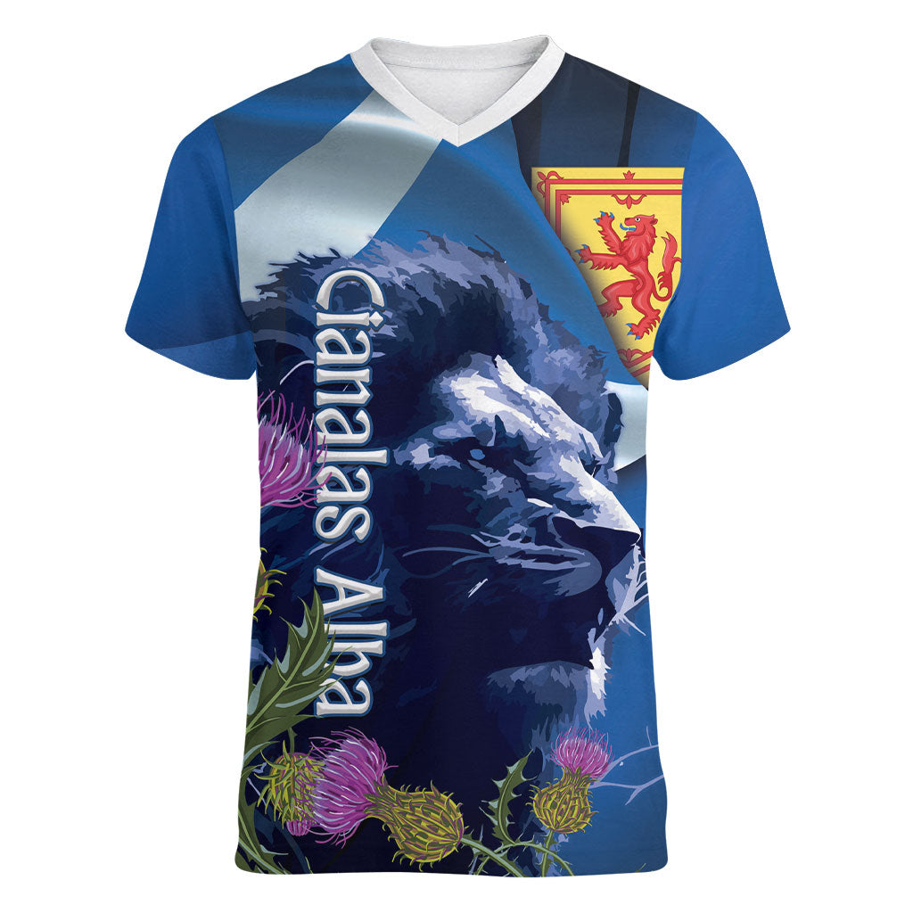 Cianalas Alba Scotland Women V-Neck T-Shirt Scottish Lion and Thistle Blue Version
