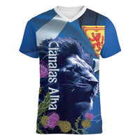 Cianalas Alba Scotland Women V-Neck T-Shirt Scottish Lion and Thistle Blue Version