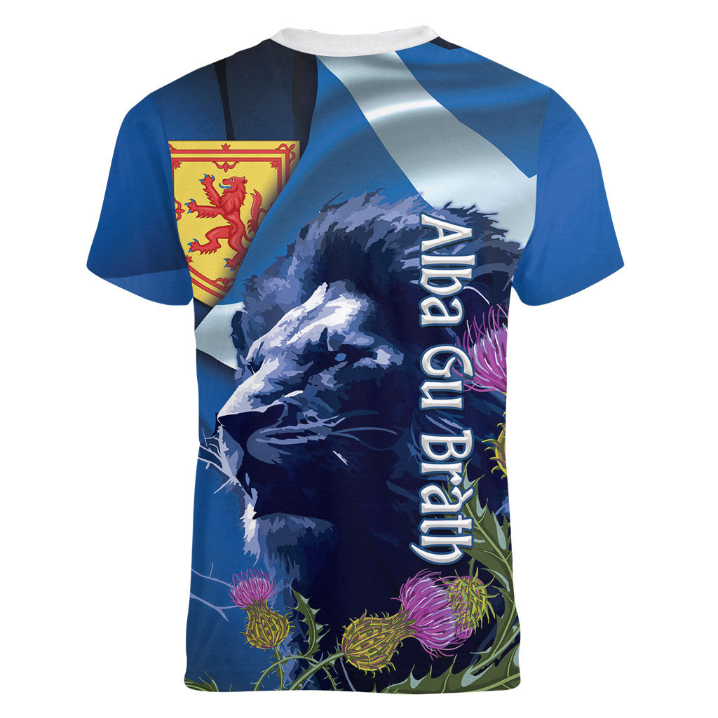 Cianalas Alba Scotland Women V-Neck T-Shirt Scottish Lion and Thistle Blue Version