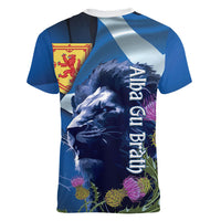 Cianalas Alba Scotland Women V-Neck T-Shirt Scottish Lion and Thistle Blue Version