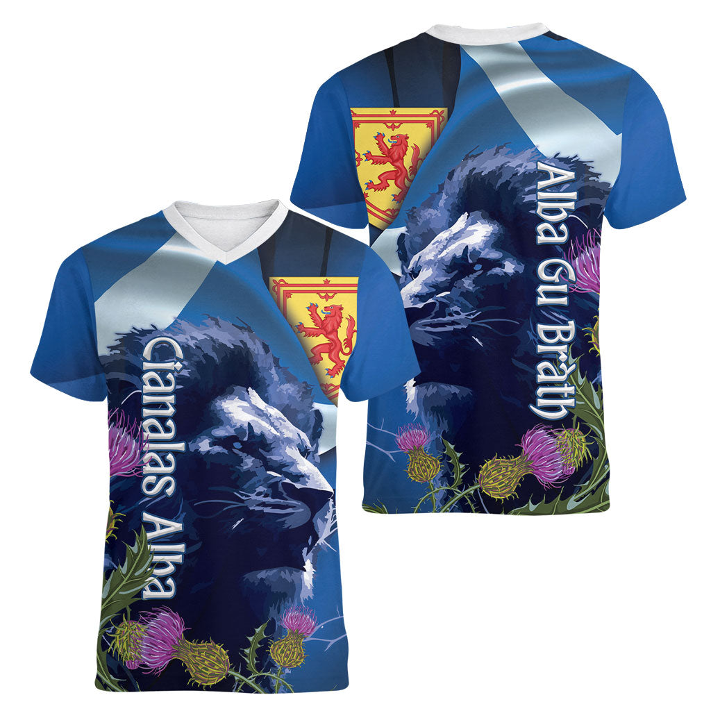 Cianalas Alba Scotland Women V-Neck T-Shirt Scottish Lion and Thistle Blue Version