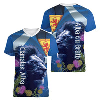 Cianalas Alba Scotland Women V-Neck T-Shirt Scottish Lion and Thistle Blue Version