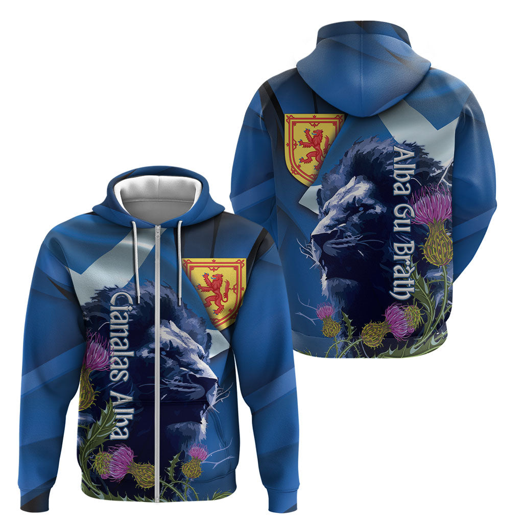 Cianalas Alba Scotland Zip Hoodie Scottish Lion and Thistle Blue Version