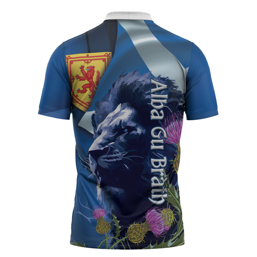 Cianalas Alba Scotland Zipper Polo Shirt Scottish Lion and Thistle Blue Version