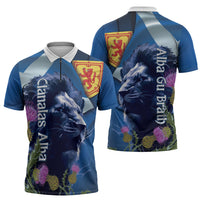 Cianalas Alba Scotland Zipper Polo Shirt Scottish Lion and Thistle Blue Version