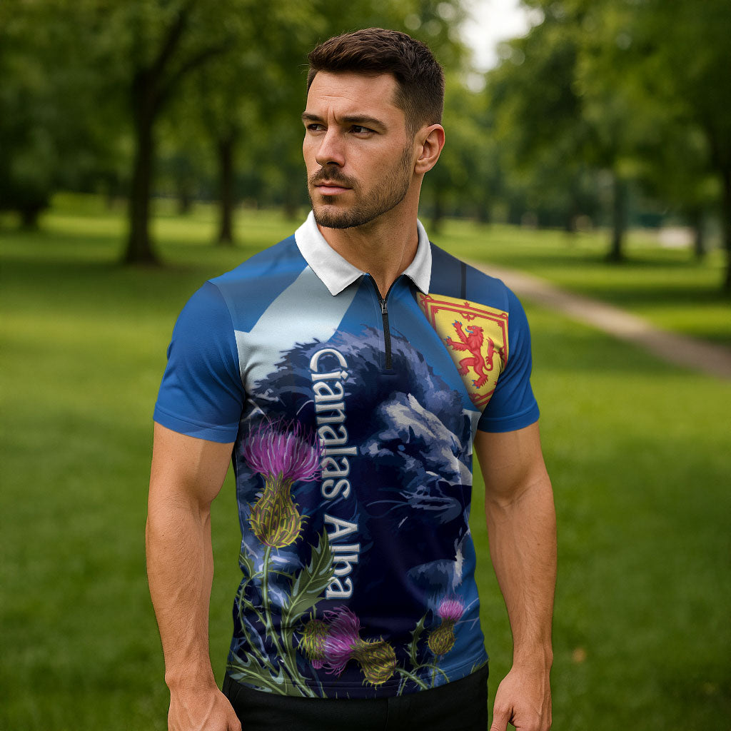 Cianalas Alba Scotland Zipper Polo Shirt Scottish Lion and Thistle Blue Version