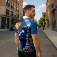 Cianalas Alba Scotland Zipper Polo Shirt Scottish Lion and Thistle Blue Version