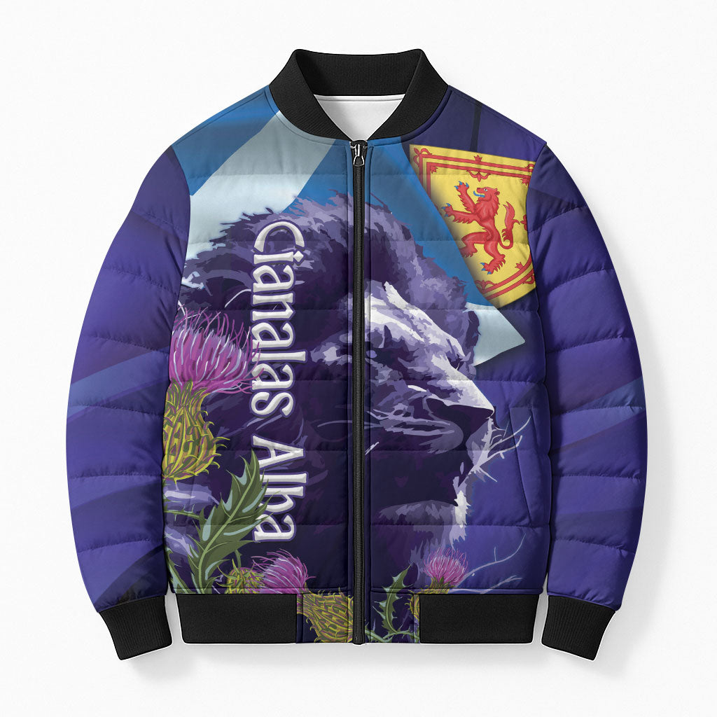 Cianalas Alba Scotland Bomber Puffer Jacket Scottish Lion and Thistle Purple Version