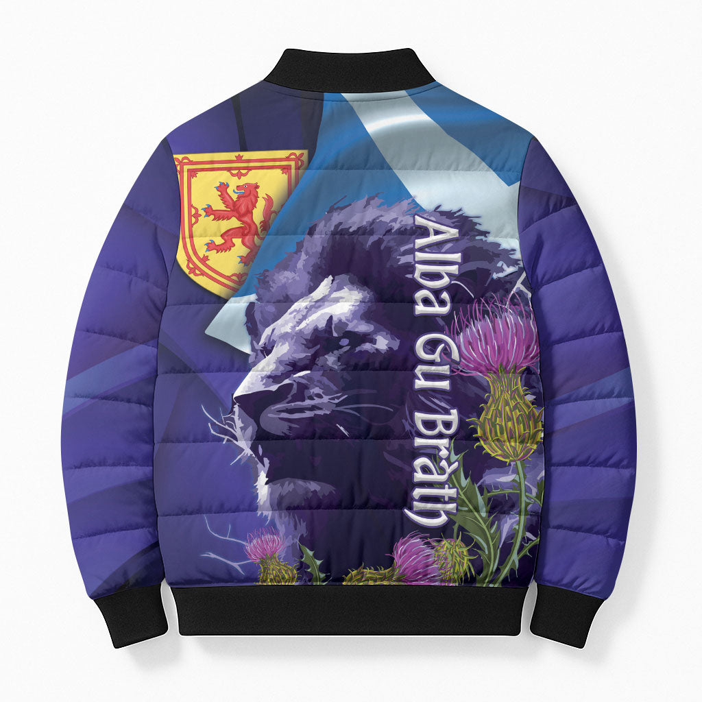 Cianalas Alba Scotland Bomber Puffer Jacket Scottish Lion and Thistle Purple Version