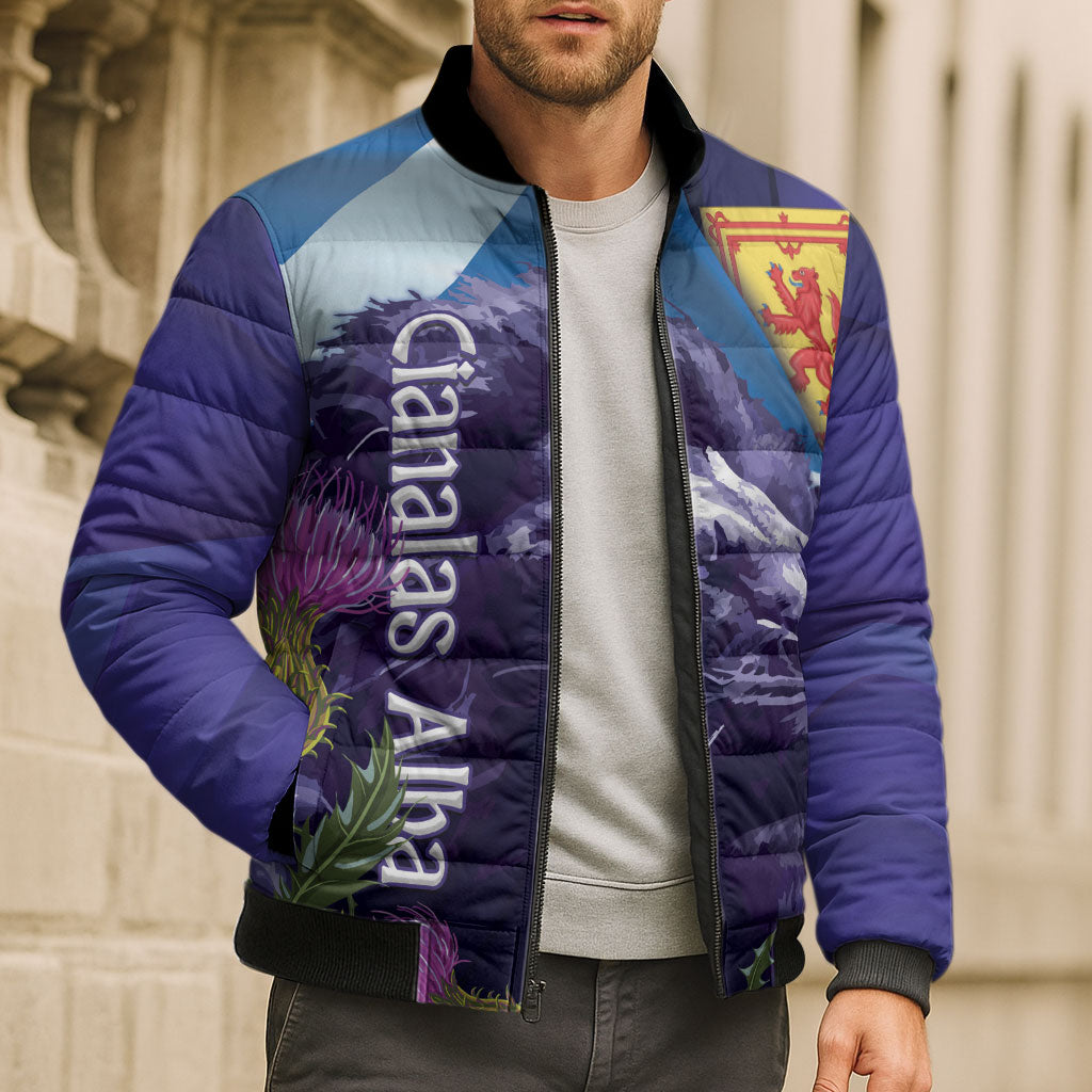 Cianalas Alba Scotland Bomber Puffer Jacket Scottish Lion and Thistle Purple Version