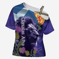 Cianalas Alba Scotland Cross Shoulder Shirt Scottish Lion and Thistle Purple Version