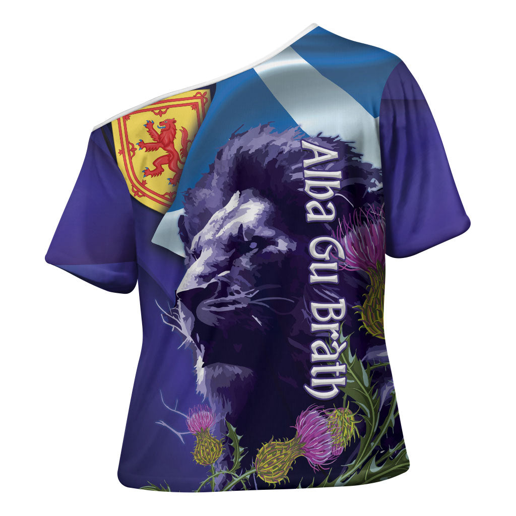 Cianalas Alba Scotland Cross Shoulder Shirt Scottish Lion and Thistle Purple Version