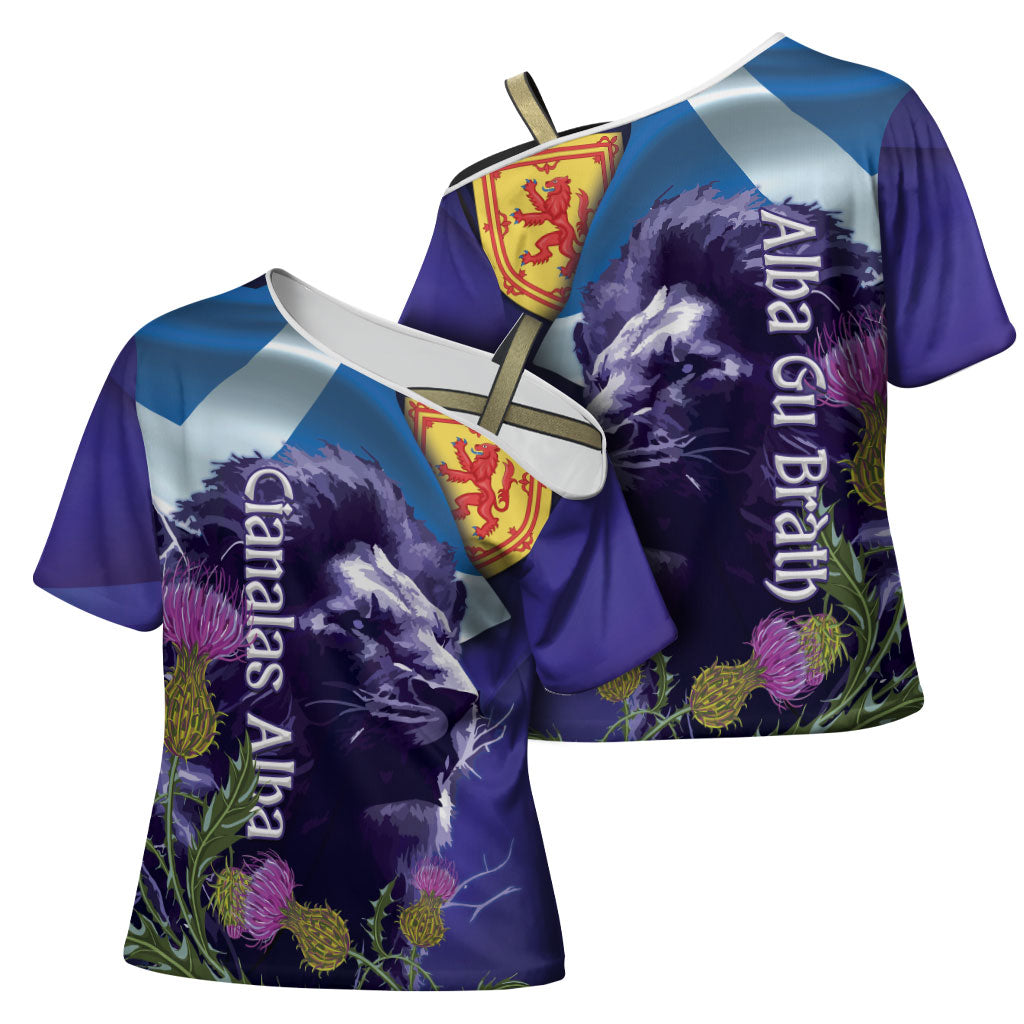 Cianalas Alba Scotland Cross Shoulder Shirt Scottish Lion and Thistle Purple Version