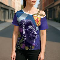 Cianalas Alba Scotland Cross Shoulder Shirt Scottish Lion and Thistle Purple Version