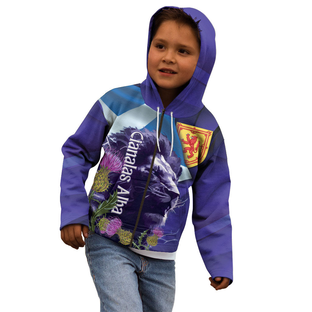 Cianalas Alba Scotland Kid Hoodie Scottish Lion and Thistle Purple Version