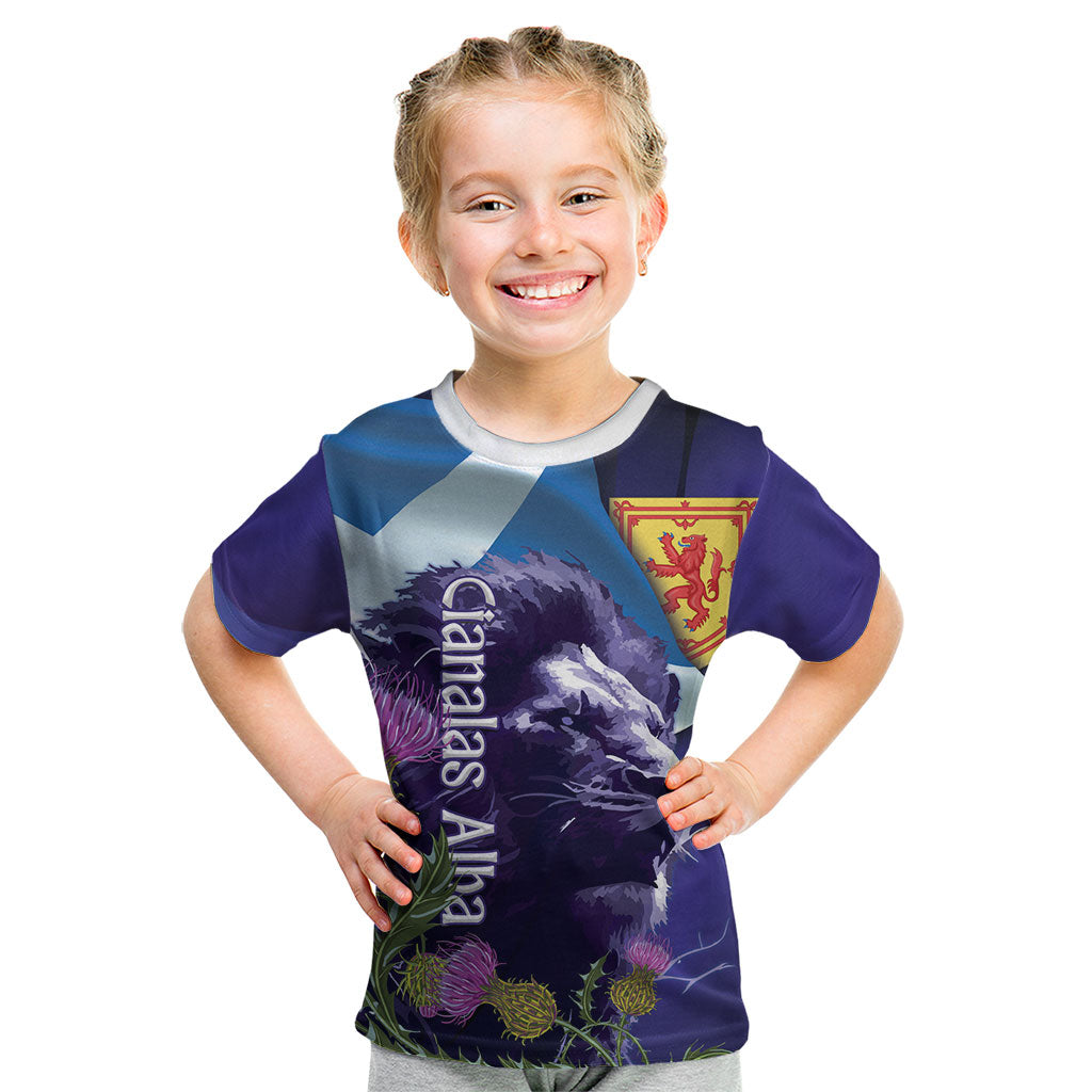 Cianalas Alba Scotland Kid T Shirt Scottish Lion and Thistle Purple Version