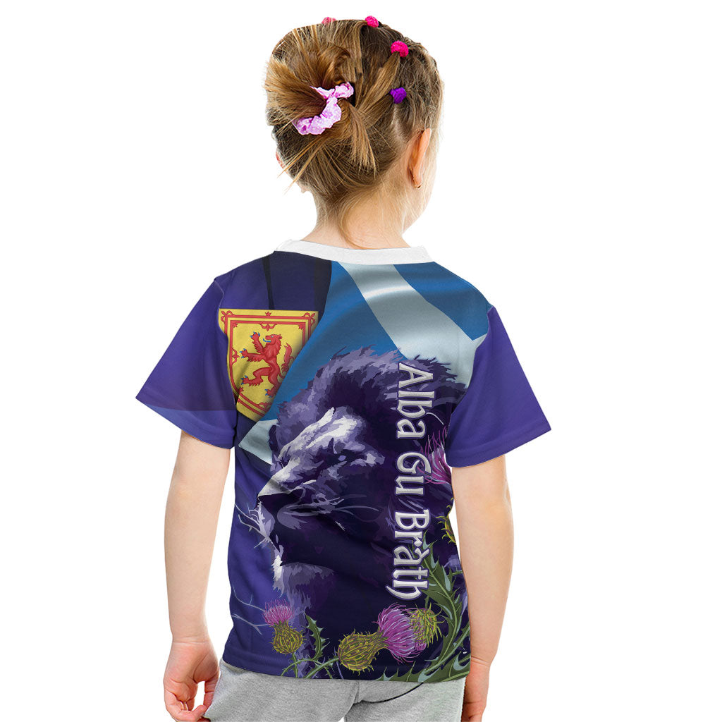 Cianalas Alba Scotland Kid T Shirt Scottish Lion and Thistle Purple Version