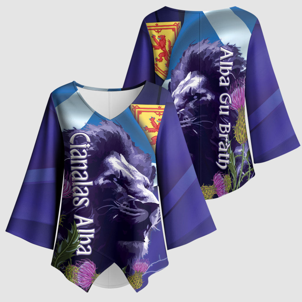 Cianalas Alba Scotland Kimono Sleeve Blouse Scottish Lion and Thistle Purple Version