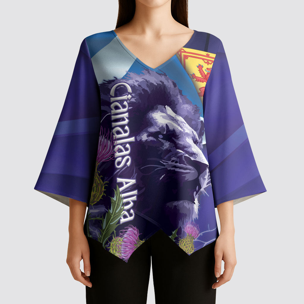 Cianalas Alba Scotland Kimono Sleeve Blouse Scottish Lion and Thistle Purple Version