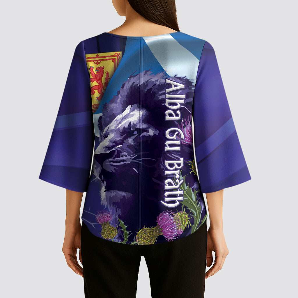 Cianalas Alba Scotland Kimono Sleeve Blouse Scottish Lion and Thistle Purple Version