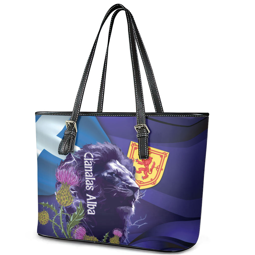 Cianalas Alba Scotland Leather Tote Bag Scottish Lion and Thistle Purple Version