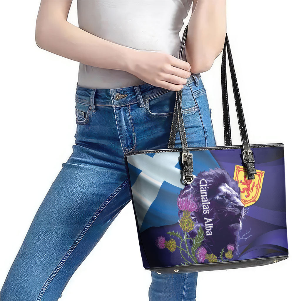 Cianalas Alba Scotland Leather Tote Bag Scottish Lion and Thistle Purple Version