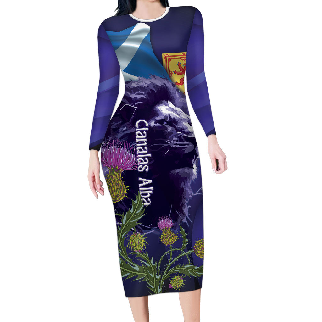 Cianalas Alba Scotland Long Sleeve Bodycon Dress Scottish Lion and Thistle Purple Version