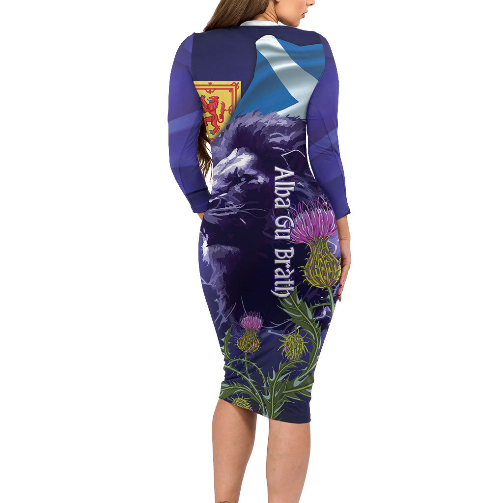 Cianalas Alba Scotland Long Sleeve Bodycon Dress Scottish Lion and Thistle Purple Version