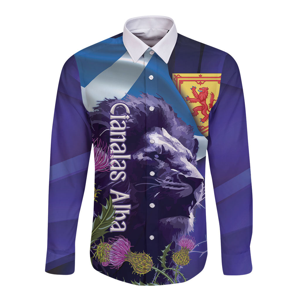 Cianalas Alba Scotland Long Sleeve Button Shirt Scottish Lion and Thistle Purple Version