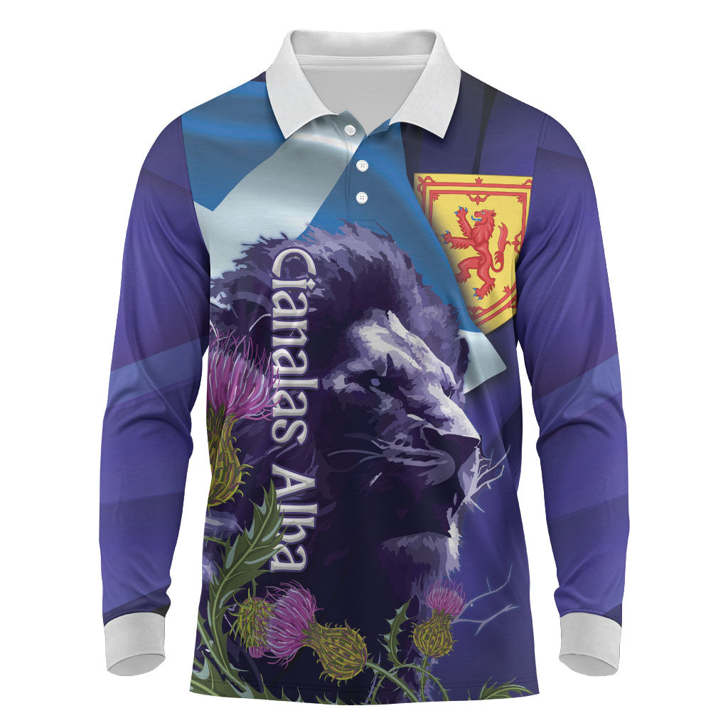 Cianalas Alba Scotland Long Sleeve Polo Shirt Scottish Lion and Thistle Purple Version