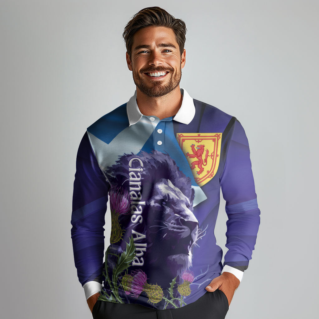 Cianalas Alba Scotland Long Sleeve Polo Shirt Scottish Lion and Thistle Purple Version