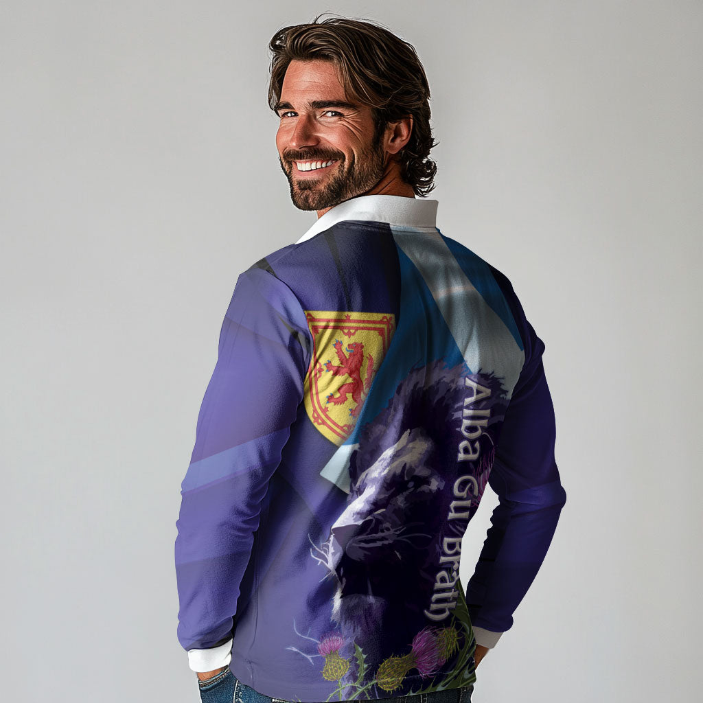 Cianalas Alba Scotland Long Sleeve Polo Shirt Scottish Lion and Thistle Purple Version