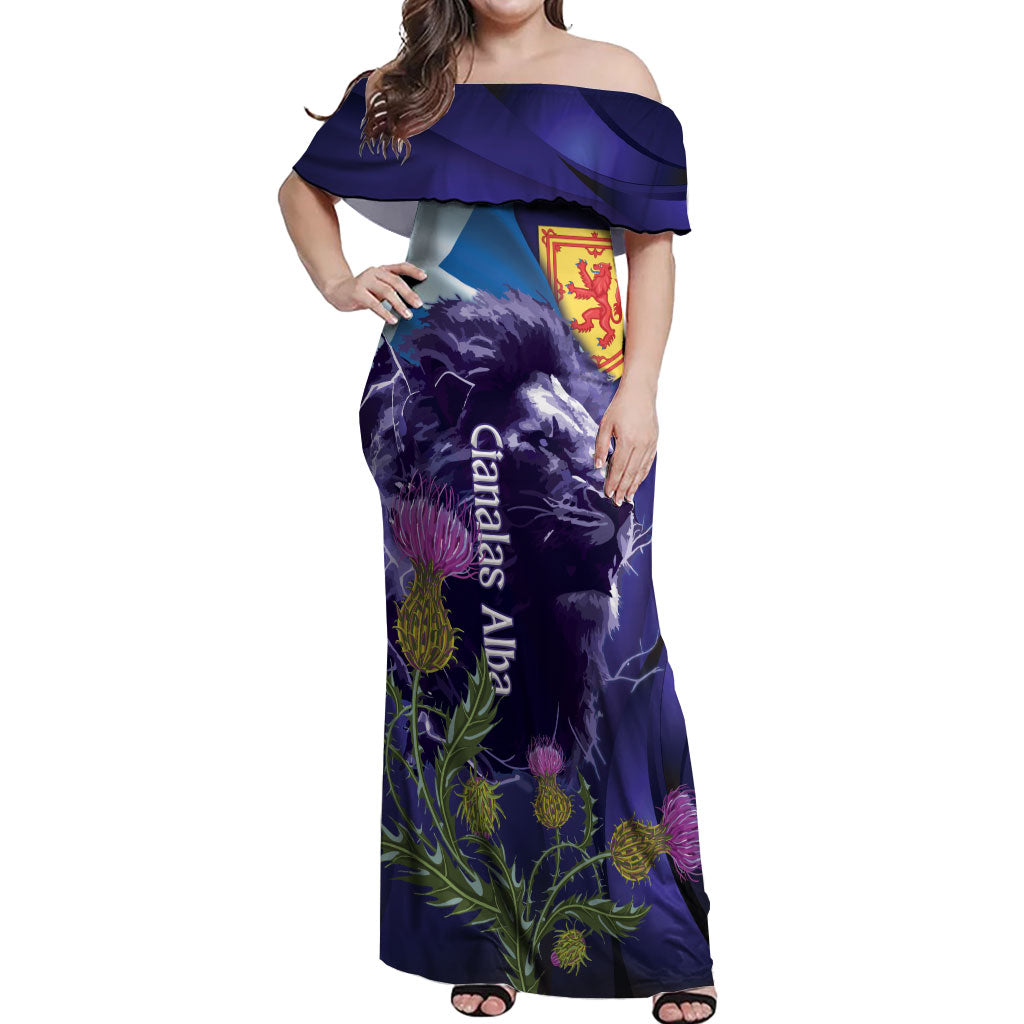 Cianalas Alba Scotland Off Shoulder Maxi Dress Scottish Lion and Thistle Purple Version
