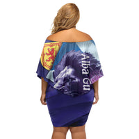 Cianalas Alba Scotland Off Shoulder Short Dress Scottish Lion and Thistle Purple Version