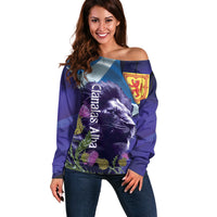 Cianalas Alba Scotland Off Shoulder Sweater Scottish Lion and Thistle Purple Version