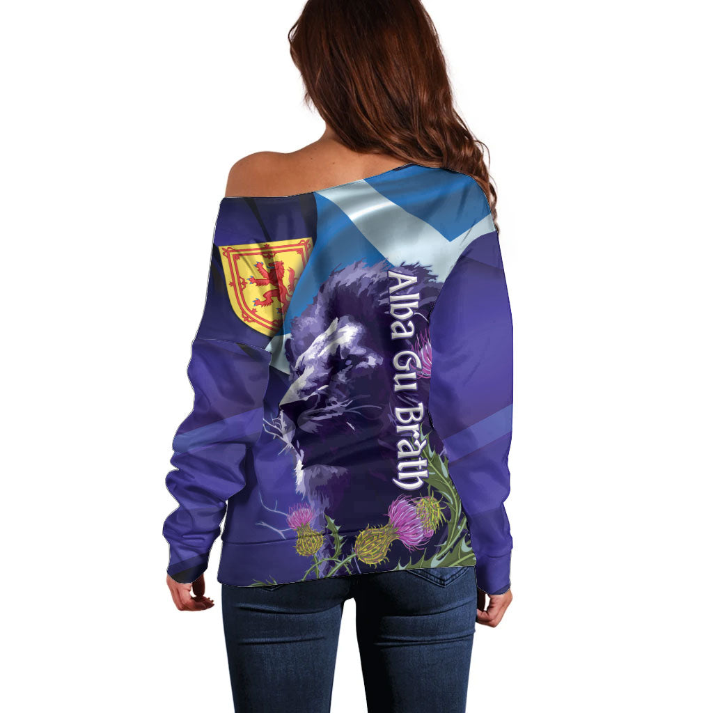 Cianalas Alba Scotland Off Shoulder Sweater Scottish Lion and Thistle Purple Version
